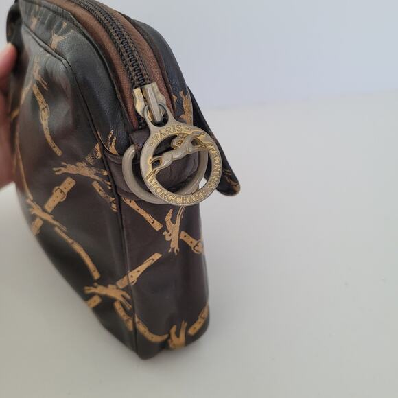 Longchamp Paris Signature Geniue Leather Clutch Brown Pouch Zip Around Bag - Picture 5 of 11